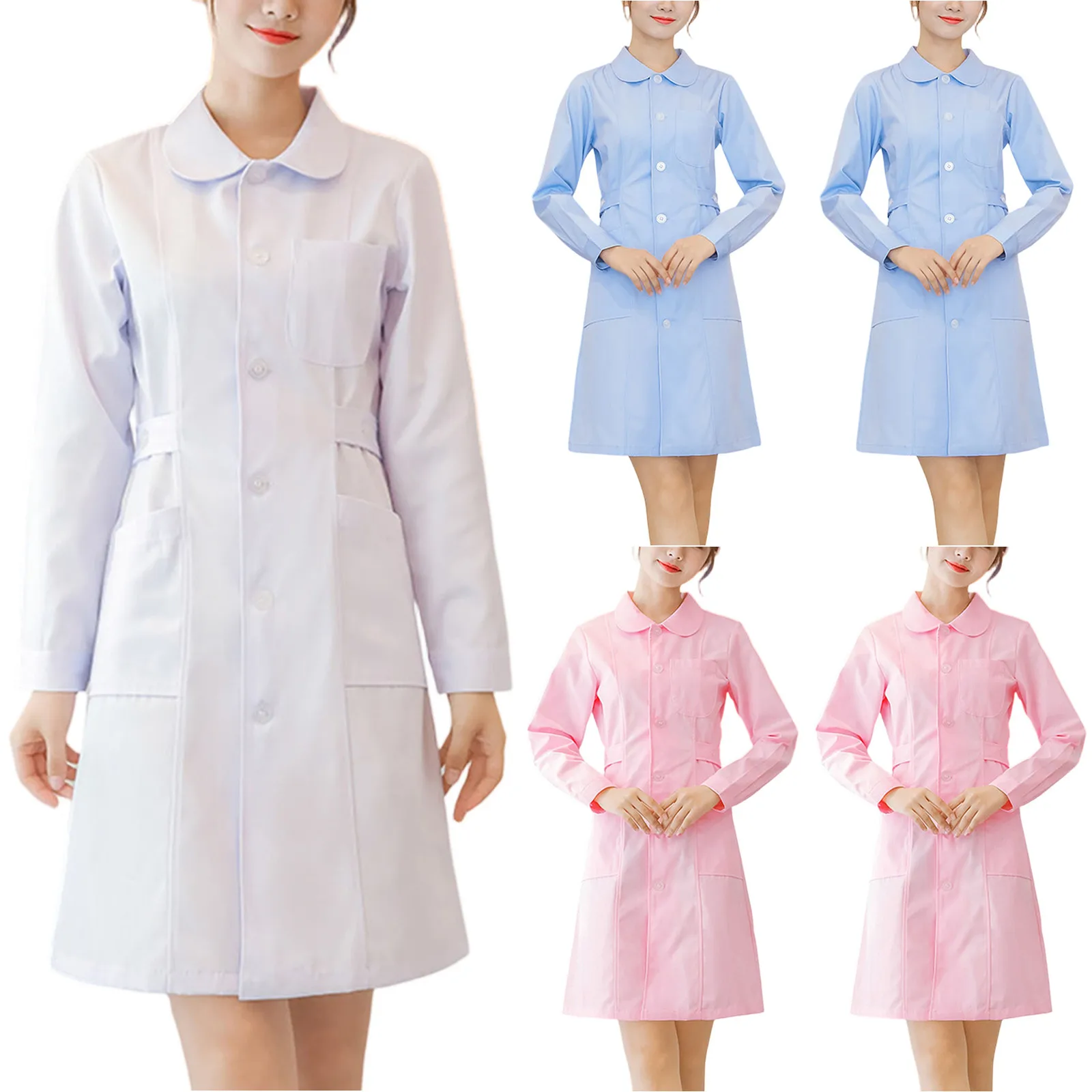 Solid Color Caring Nurse Uniform Hospital Pharmacy Doctor Work Uniform Thin Long Sleeve Slim Fit Workwear Dress with Pockets
