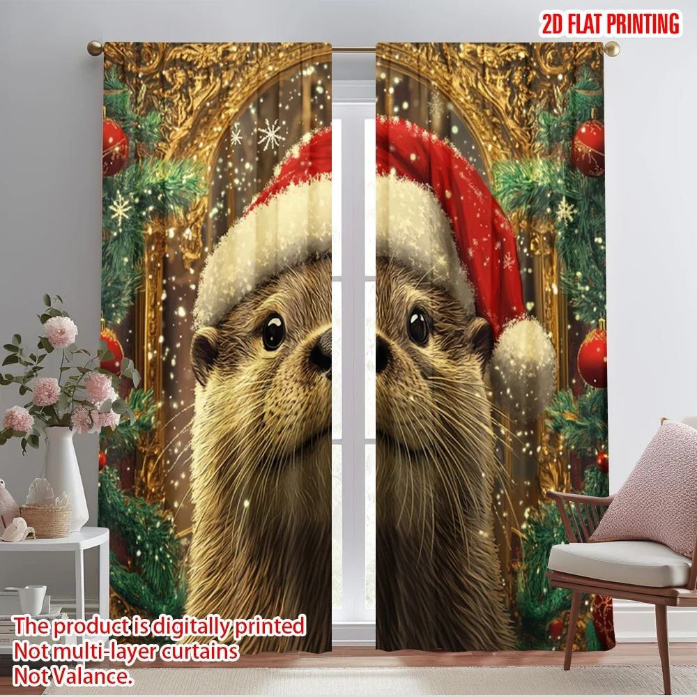 2pcs,2D plane printing Light Filtering Curtains Cute Otter Christmas Hat (3) Versatile Durable Polyester (without rod) Holiday