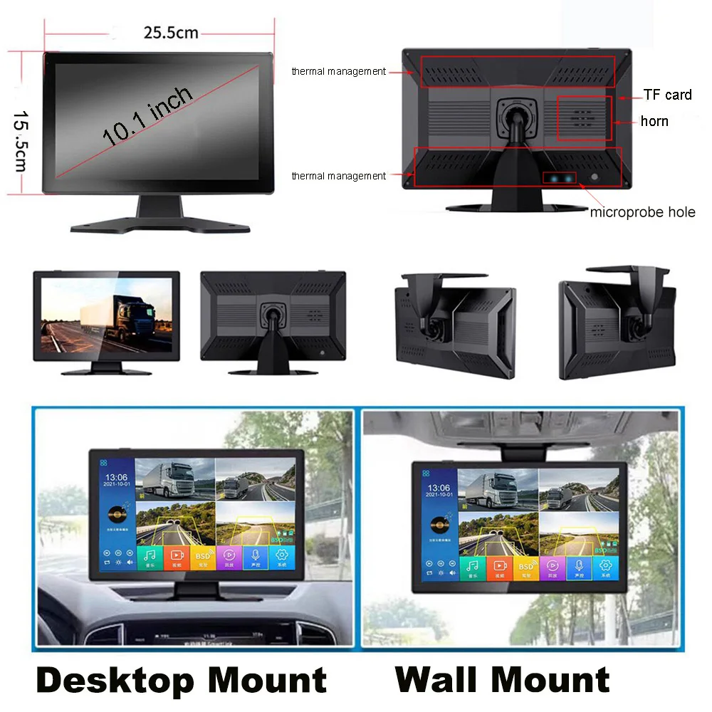 10.1 Inch Screen Car/RV/Bus/Truck AHD Monitor System 1080P Vehicle 4 Channel Camera Reversing Parking Recorder SD Card Display