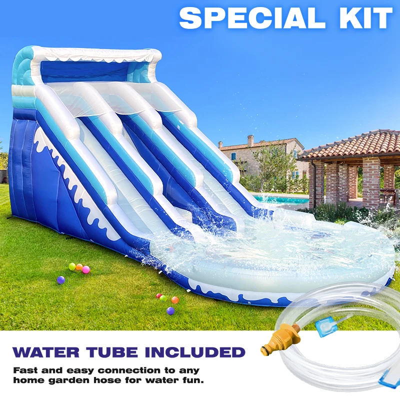 6,3-metrowa niebiesko-biała dmuchana zjeżdżalnia wodna Safari z basenem, plac zabaw, zewnętrzna zabawa wodna na lato, komercyjny sprzęt do wynajęcia