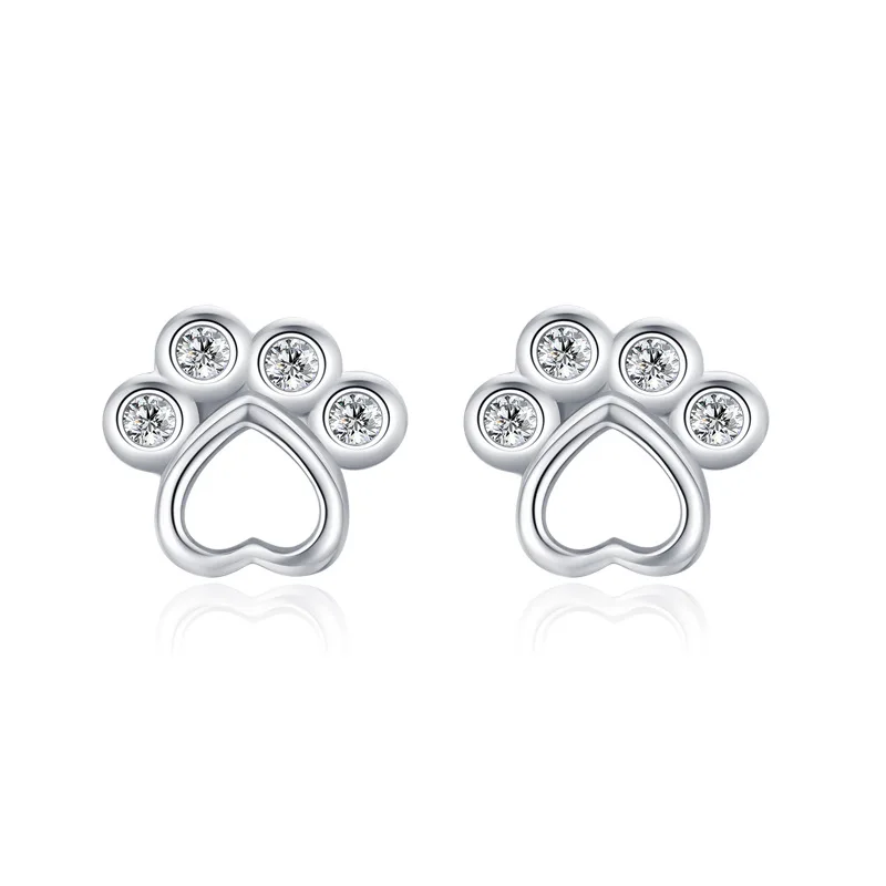 

Exquisite Women Diamond S925 Sterling Silver Lovely Bear Foot Print Stud Earrings