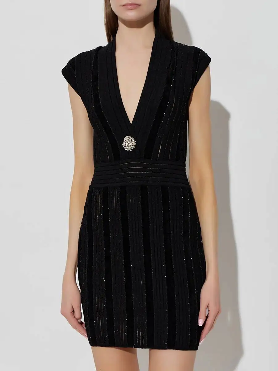 

Новое элегантное женское мини-платье BJTZ 2026 с полосатыми вставками, V-образным вырезом, без рукавов, с завышенной талией и бисерной аппликацией, модное платье для женщин