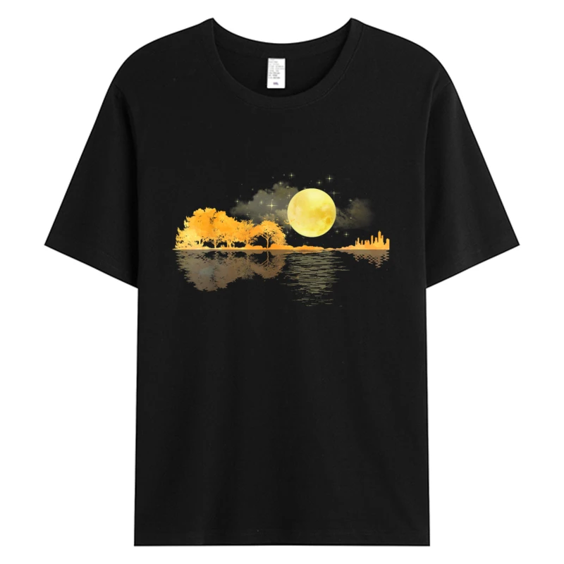 

100% Cotton Guitar Nature Moon Tops Tees Retro Style Tshirt Guitarist Acoustic Guitars Graphic T-Shirts Oversize 5XL Clothes