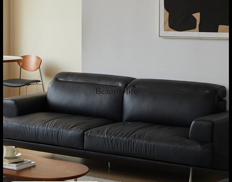 

Nordic Genuine Leather Sofa Vintage Top Layer Cowhide Tech Leather Italian Style Black Sofa