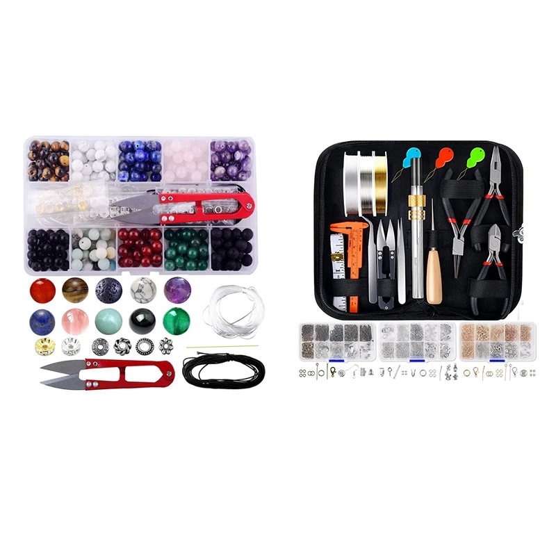 

1 Box Round Loose Stones Natural Amethyst Lava Mixed Color Making Tool Kit & 1 Set Pliers Bracelet Necklace Making