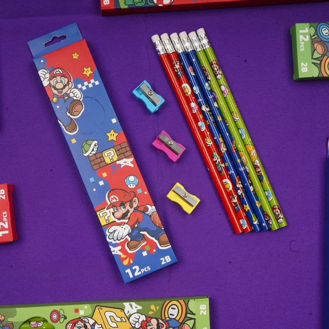 12/48pcs Super Mario pen Cartoon Pencil with A Pencil Sharpener Kawaii Student Stationery Make Child Love Learning Reward Gift
