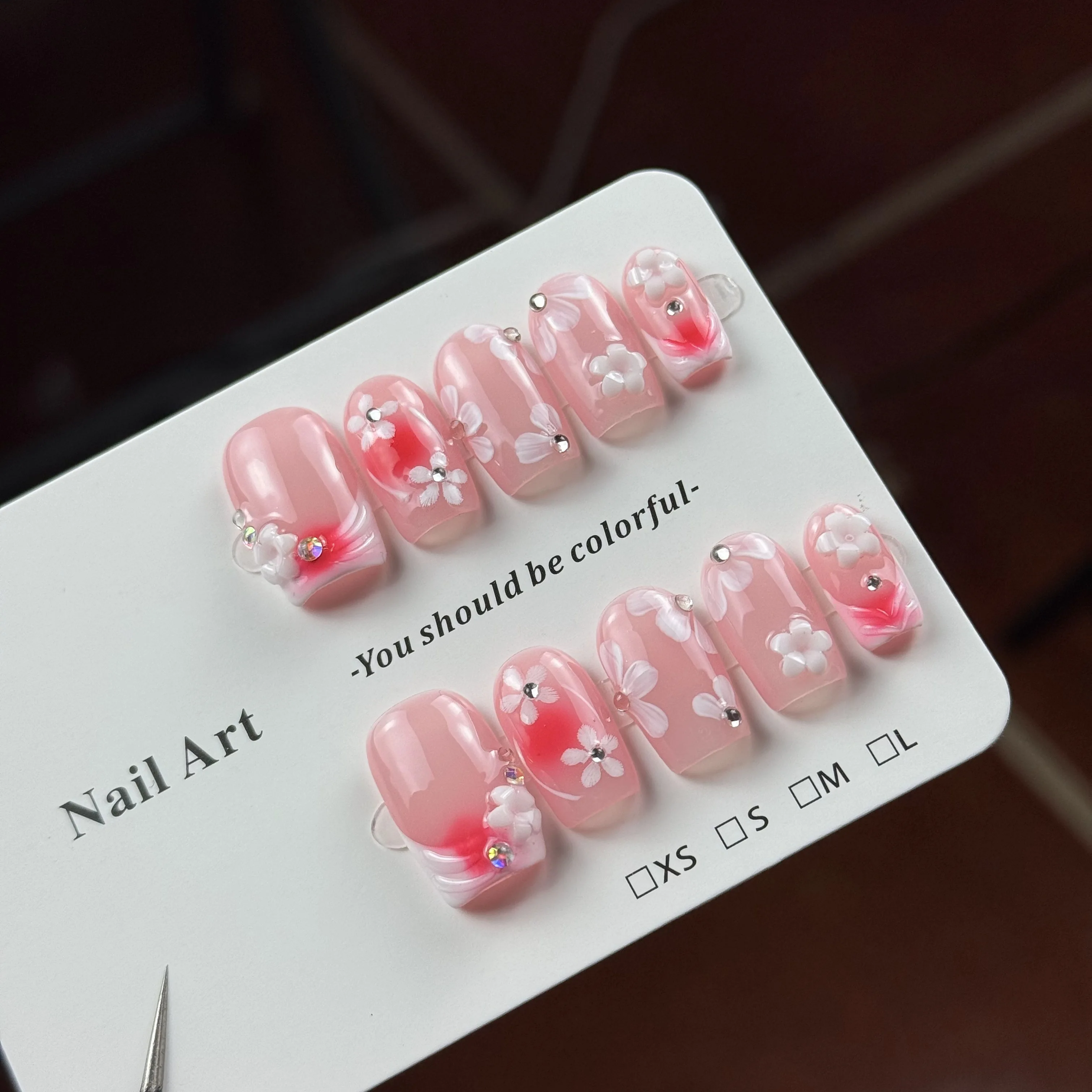 10 قطع من أسلوب الحلو واللطيف الراقية، المنحوتات المرسومة يدويًا، أزهار الكرز الحلوة، أظافر صناعية مصنوعة يدويًا من الماس المتلألئ