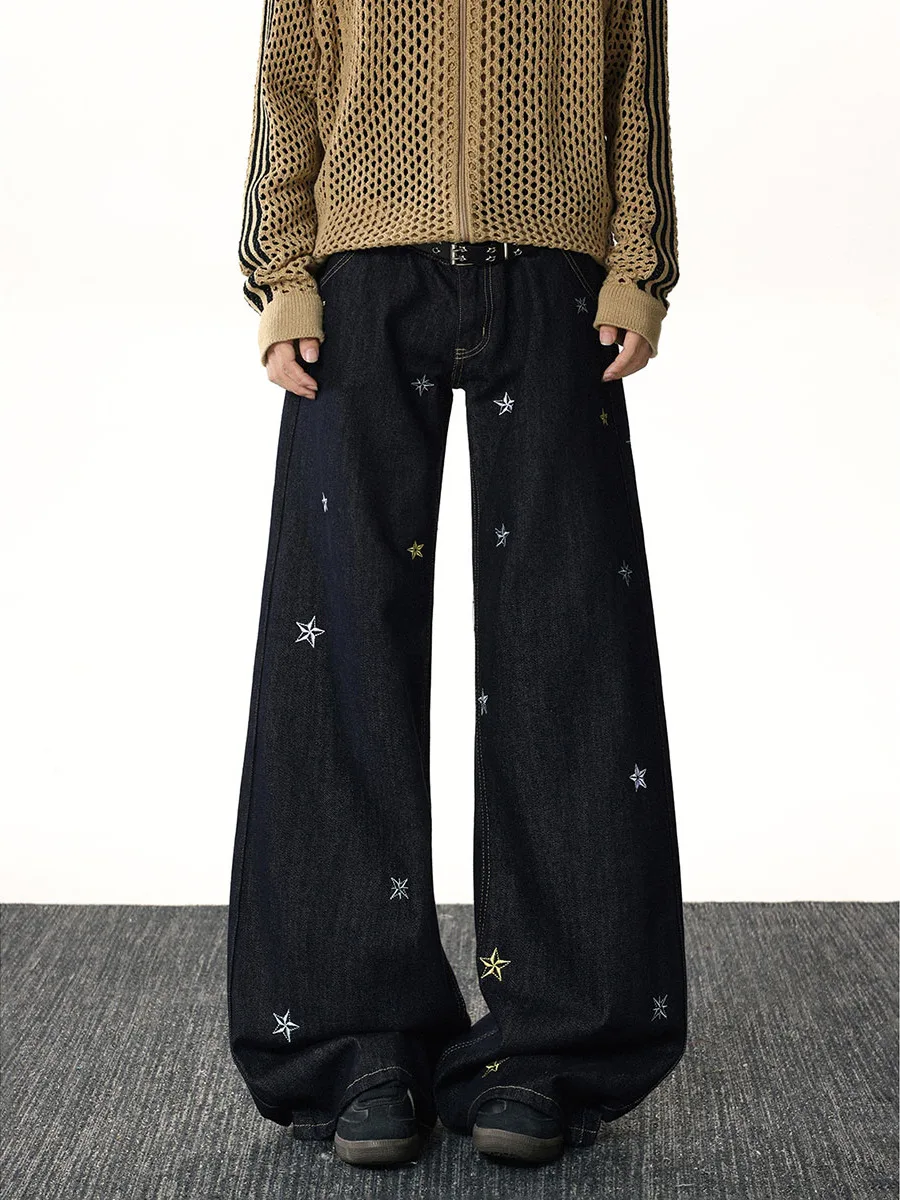 

American Style Embroidered Star Jeans Men's Spring Autumn Trend Loose Straight Leg Long Pants High Street Wide Leg Casual Tro...