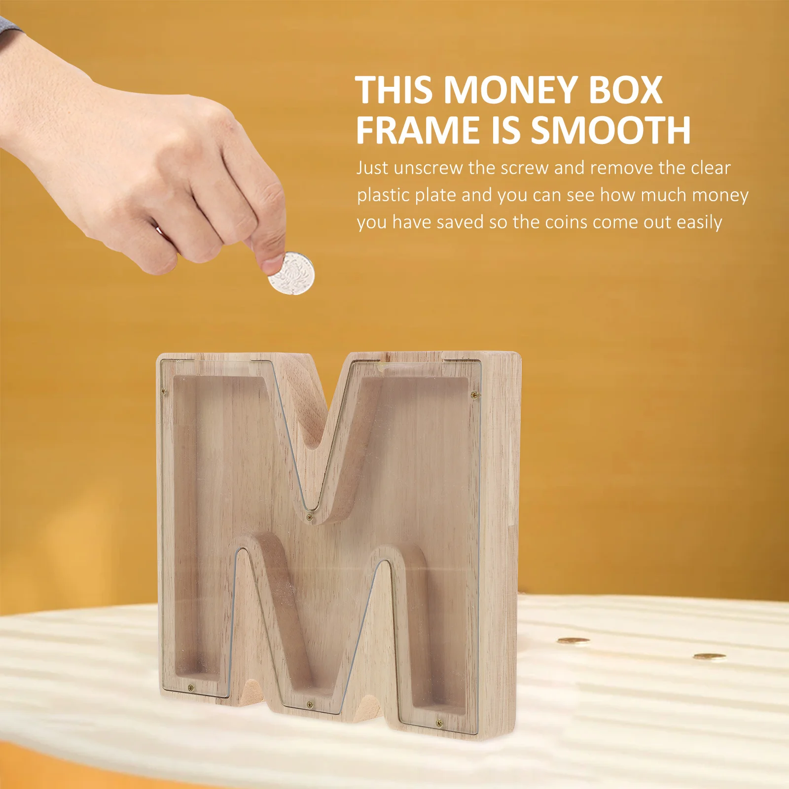 

Wooden Letter Piggy Bank Kids Money Saving Jar Transparent Coin Bank for Toddler Baby Money Management Change Jar