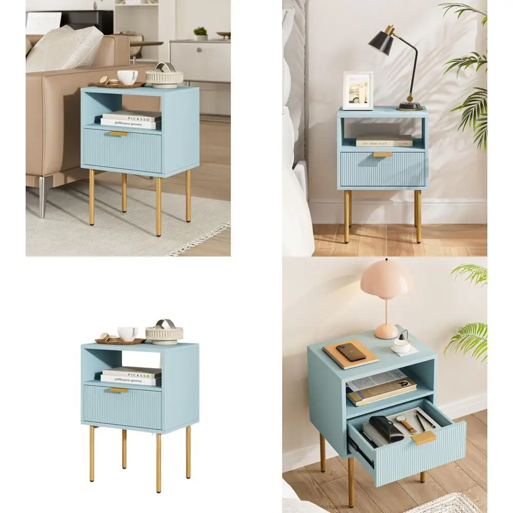 

Современная прикроватная тумбочка с золотой рамкой, компактный синий приставной столик с ящиком и полкой для спальни и гостиной