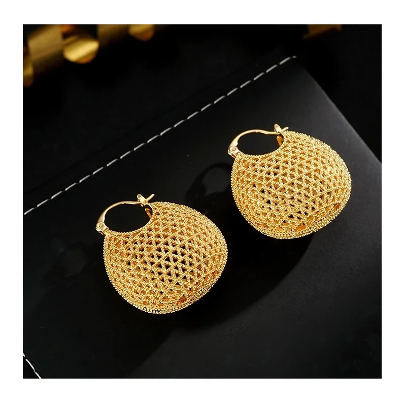 

Mesh Hollow Earrings Retro Hollow Ball Earrings Women's Copper Plated Real Gold Fashion Atmosphere High Sense Earrings