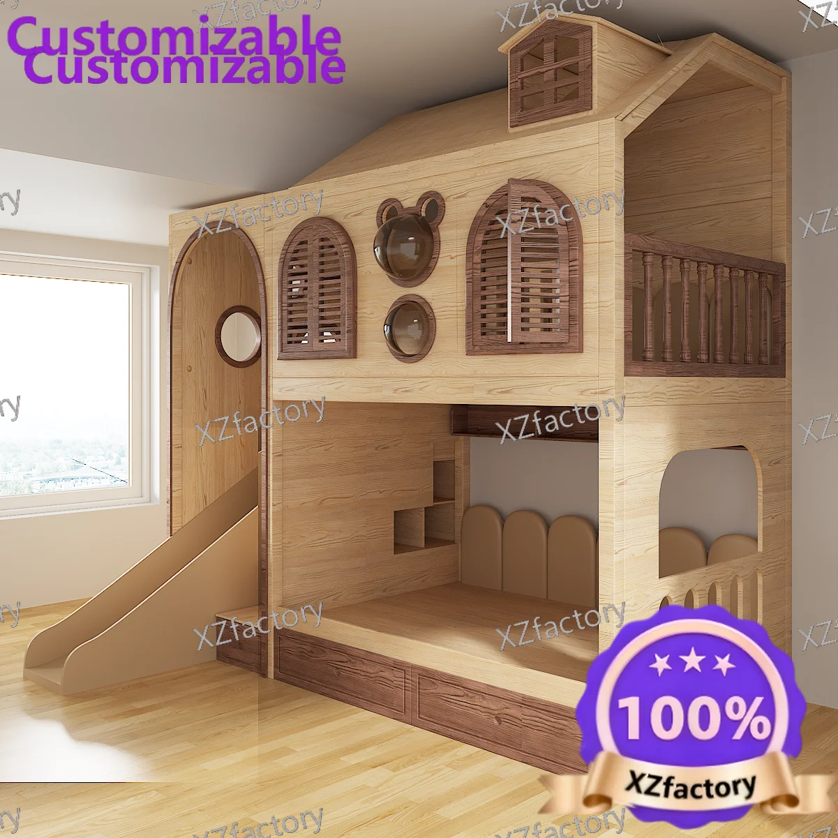 Full Custom Solid Wood Kids Room Tree House Bunk Bed with Upper and Lower Double Layers, High Guardrail for Boys and Girls