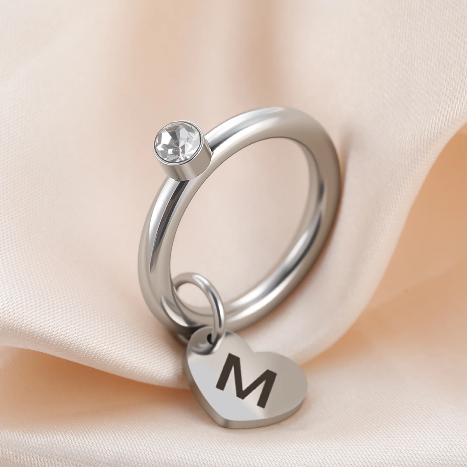

COOLTIME Custom Stainless Steel Ring Personalized Letter&Number&Symber Love Heart Pendant Ring with Zircon Jewelry Gift for Her