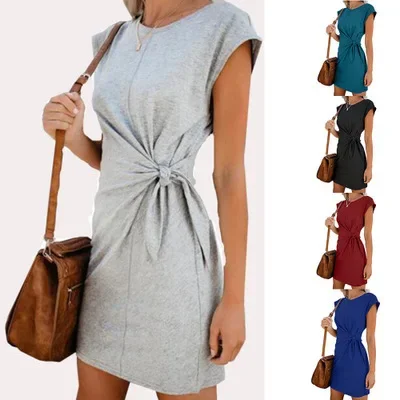 

Dress Women Summer O-neck Short Sleeve Asymmetrical Lace Up Waist Solid Color Dresses Casual Vestidos Dropshipping