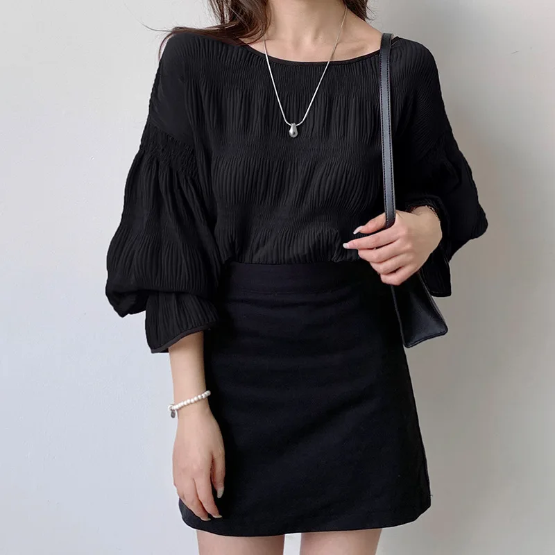 일본 라쿠텐 인스 루즈 플리츠 플레어 슬리브 쉬폰 블라우스