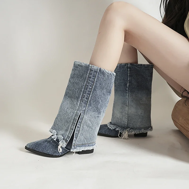 European and American spring and autumn denim pleated tassel pointed high heels, mid leg pants, tube boots, women's short boots