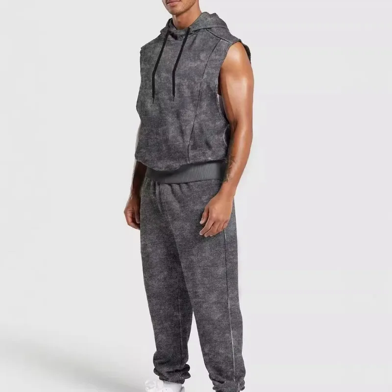2025 Men's Vintage Floral Streetwear Sleeveless Hooded Jumpsuit Recreational Sports Summer Outfit Set