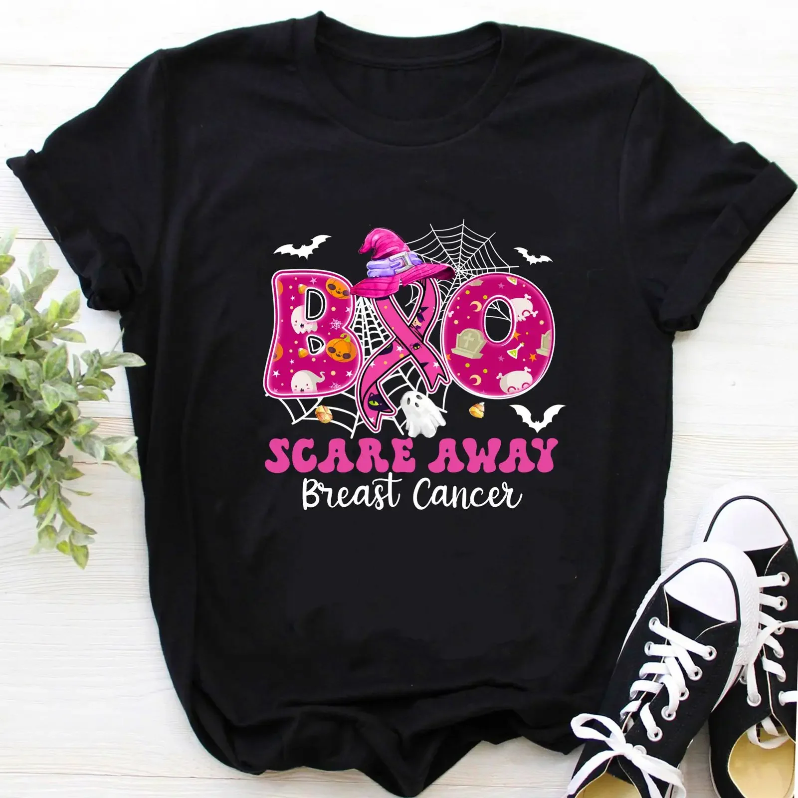 Breast Cancer Awareness T Shirt Pink Ribbon Boo Scare Away Halloween vintage Washed fashion Unisex Stylish