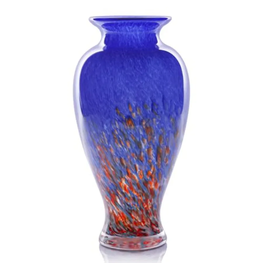 

H Blown Glass Vase 11.8" Tall Beautiful Dark Sea Wide Mouth Bud Vase for Table Centerpiece, Painted Colorful Murano Glass Flowe