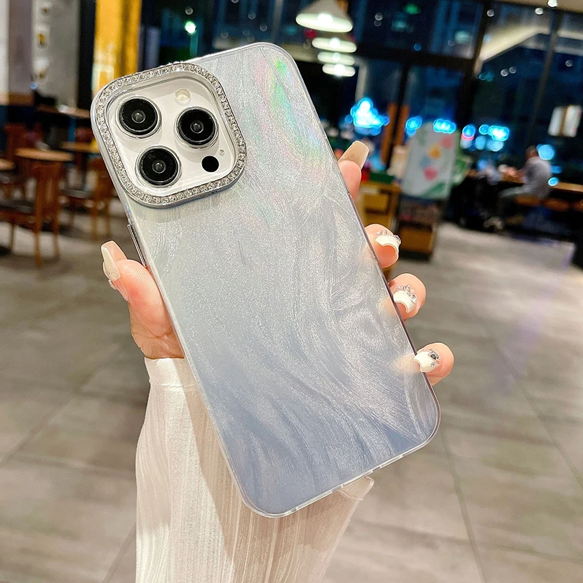 Casing ponsel berkilau untuk iPhone 16 15 14 13 Pro 12 11 Max Plus 16Pro bingkai lensa berlian imitasi casing ponsel mewah penutup cangkang lembut.