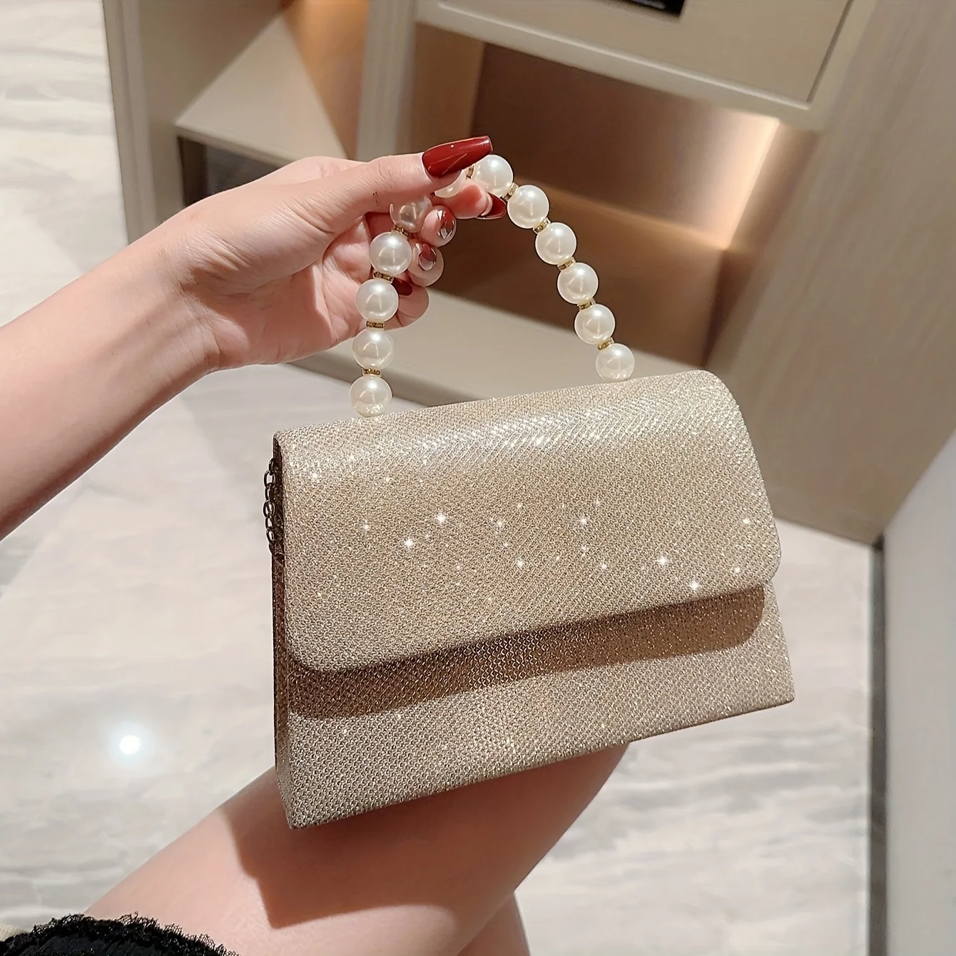 New Style Fashion Women Evening Handbag Rhinestone Purse Bag Square Pearl Handbag Female Shiny Flip Bridal Clutch Bag For Women