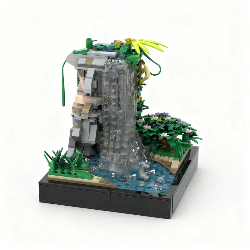 865pcs-moc-city-champions-super-car-carved-god-waterfall-sacred-islanders-shrine-ritual-fire-fishing-model-technology-diy-gift