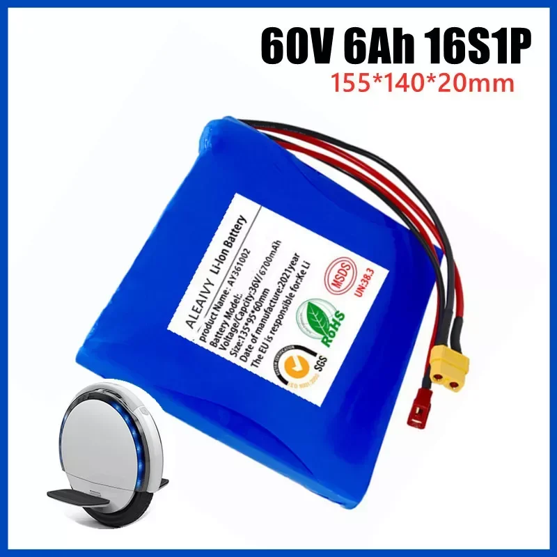 

60V 6Ah 16S1P 18650 rechargeable lithium battery pack with BMS self balancing electric unicycle battery replacement T+XT60 plug