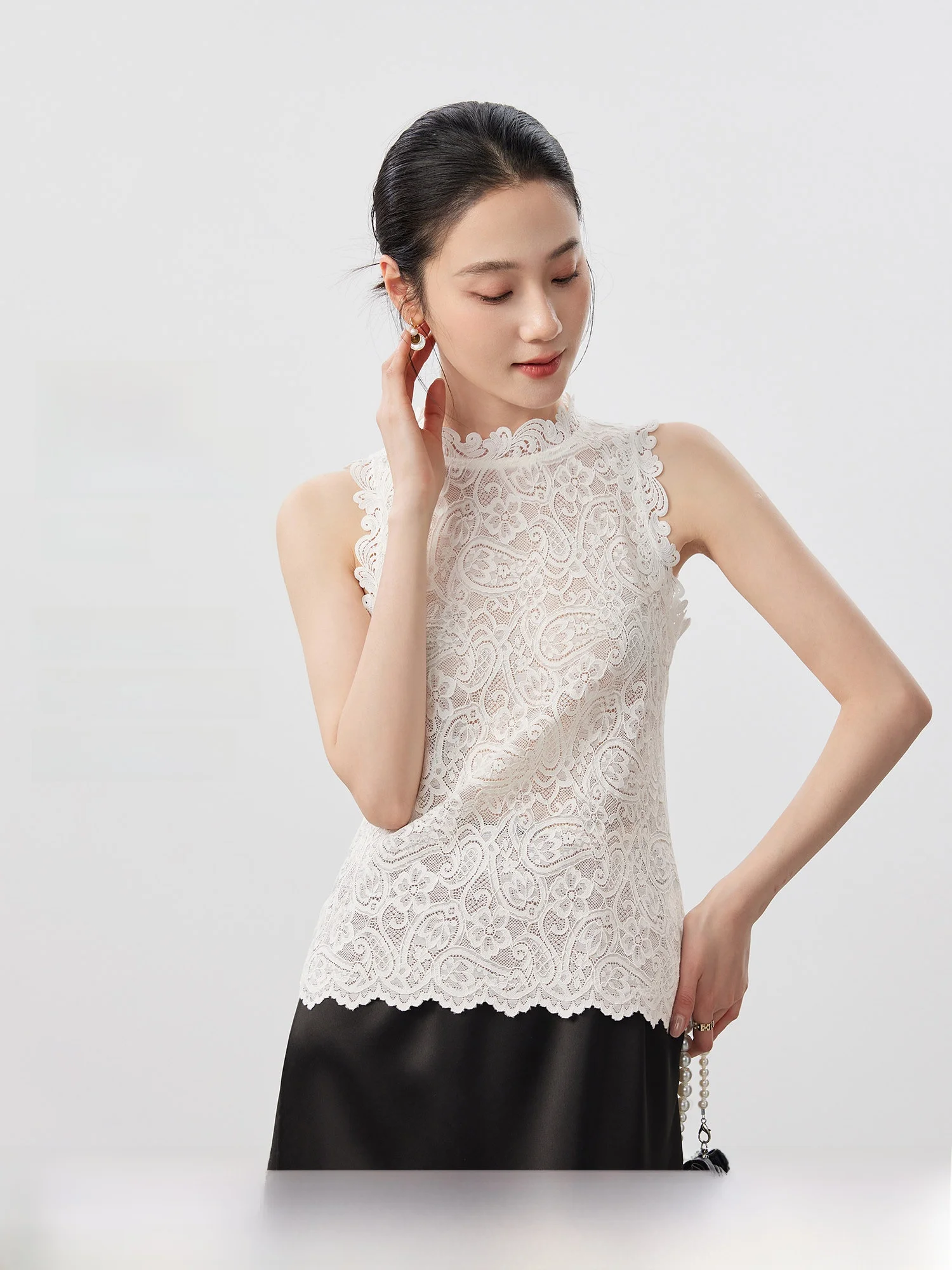 

Elegant Paisley Print Lace Back Zipper Elastic Vest Women's Fashion Spring Summer New Arrival Pure Desire Style round Neck ...