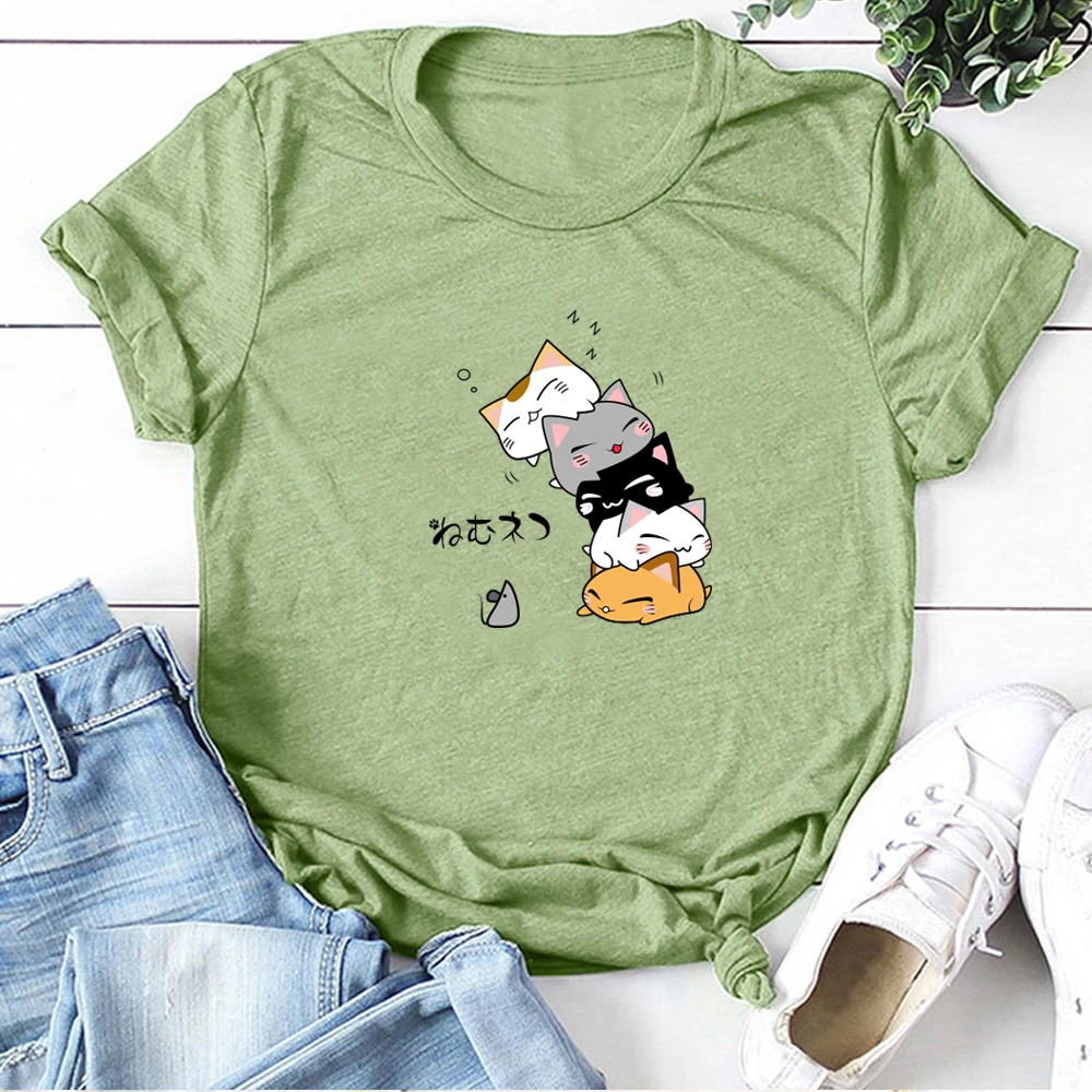 Seeyoushy-女性のための猫のプリントTシャツ,素敵な夏の服,アニメーション,カワイイ,原宿