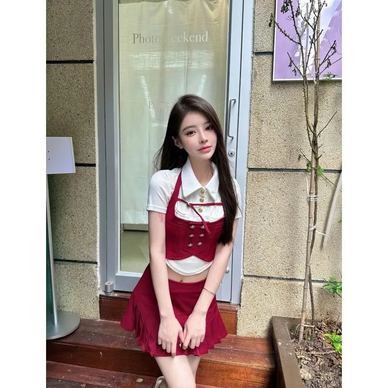 Sweet Spicy Three Piece Set Women Polo Neck Shirt Sling Vest Pleated Skirt Korean Fashion Midriff-baring Solid Slim Summer Suit