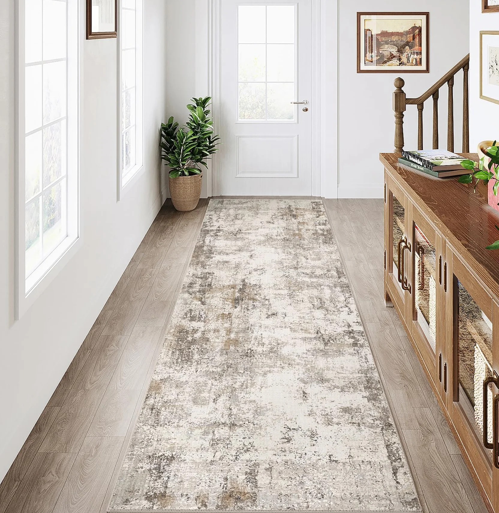 Non Slip Washable Distressed Abstract Pattern Runner Rug Neutral Tone Mat for Kitchen Hallway Corridor Home Decor Floor Carpet
