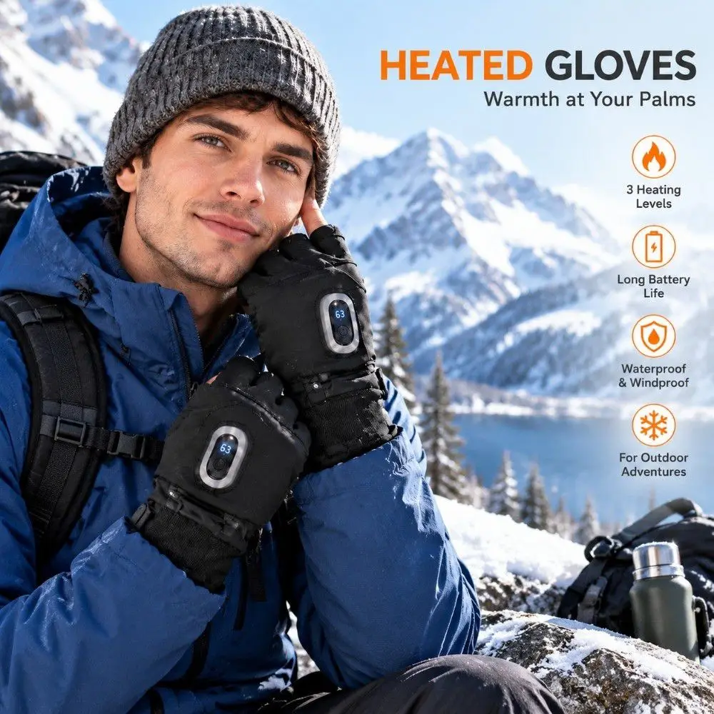 1Pair Fingerless Heating Gloves USB Rechargeable Thermal Electric Heated Gloves 3-speed Adjustable Temperature Contro