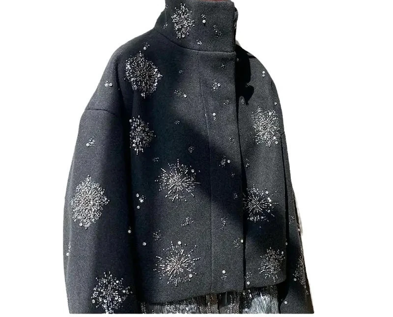 2025 Autumn/Winter Women's Jacket Personalized Street Loose Single Breasted Stand Up Collar Flower Glitter Jacket - Image 3