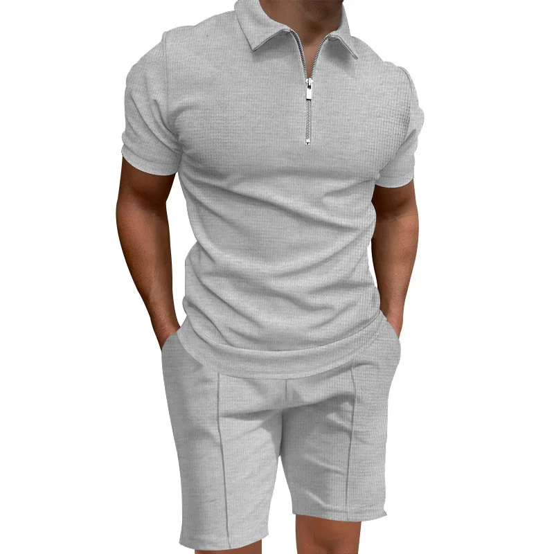 

2025 autumn and summer men's polo shirt set solid color waffle short-sleeved slim-fit lapel T-shirt casual men's