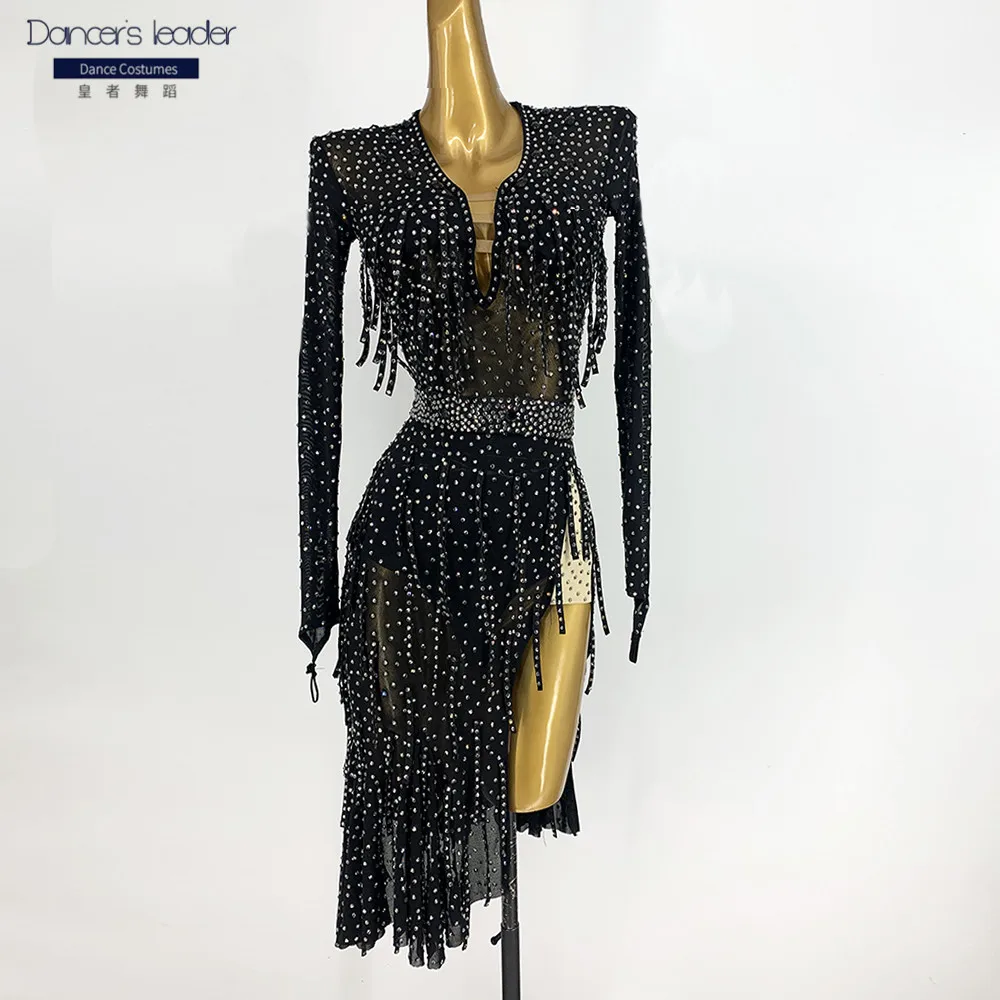 

High End Custom Latin Dance Black Sequin Beaded Fringed Dance Skirt Chacha Tango Female Adult Stage Professional Dress