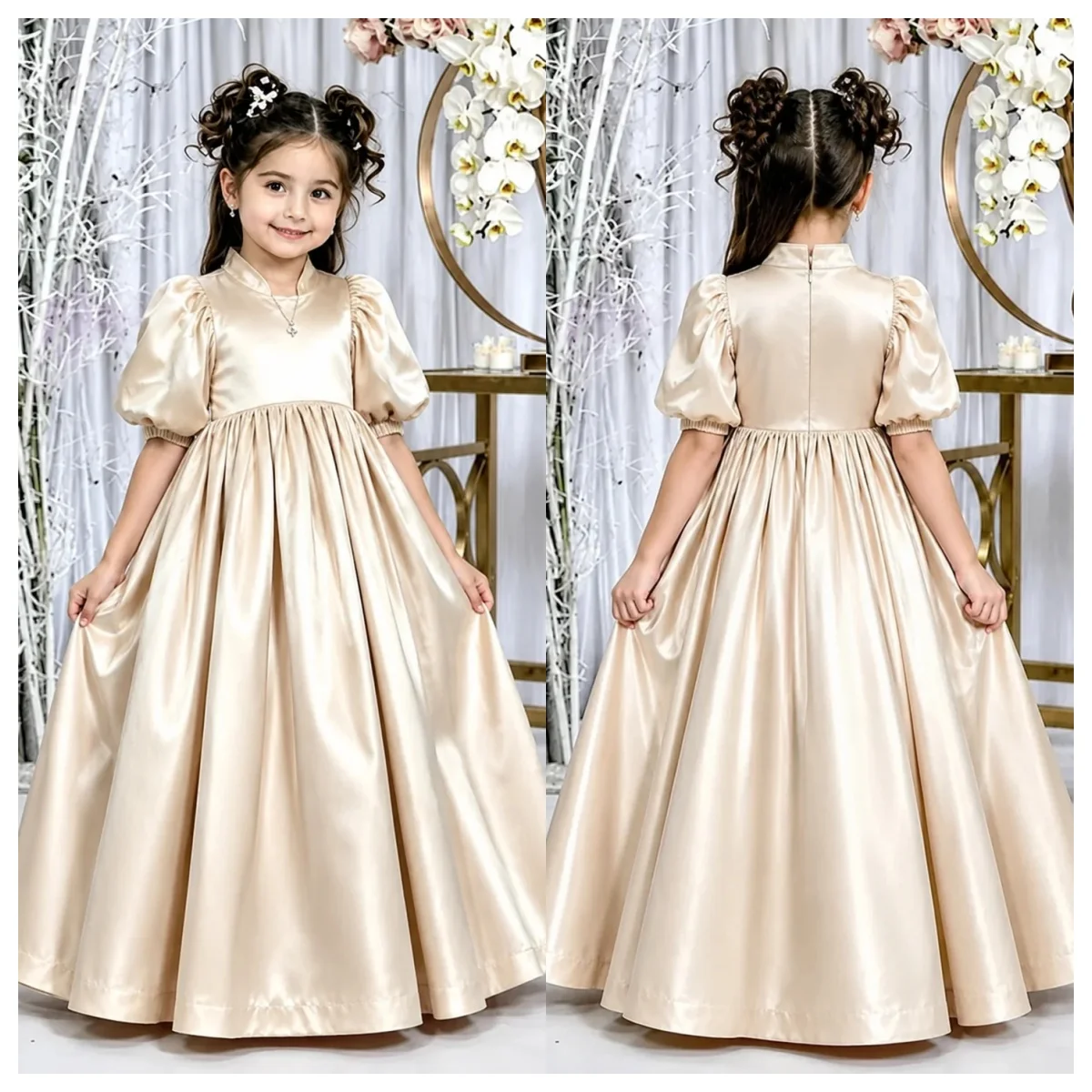 Customized Champagne Satin Flower Girl Dress for Weddings A-Line Midi Sparkling Tulle with Flower Girl Dresses Party Gown