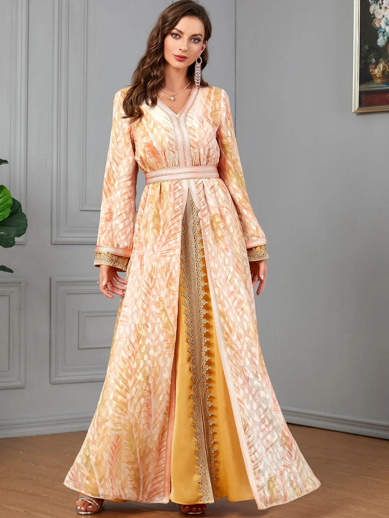 Eid Muslim Morocco Party Dress for Women Abaya Maxi A-line Dresses Print 2 Piece Set Kimono Saudi Arabic Dubai Kaftan Islamic