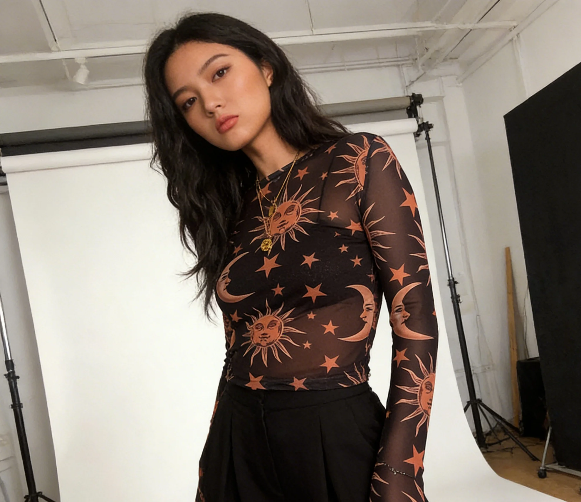 Women's New Style Black-and-White Sun-and-Moon Print Sheer Mesh T-Shirt Sheer Mesh Round Neck Base Layer T-Shirt