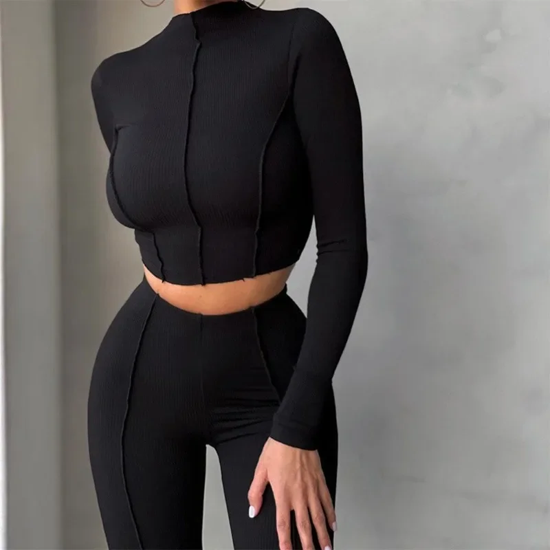 Casual Long Sleeved Tops and High Waist Pants Set for Women, Female Clothing, Fashion, Two-Piece Suit, Gym Yoga Outfits