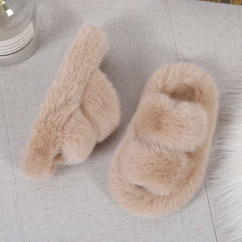 Girls Winter Fur Slippers Classic Simple Plush Slippers Children Fashion Non-slip Open-toe Kids Causal Cotton Shoes Versatile