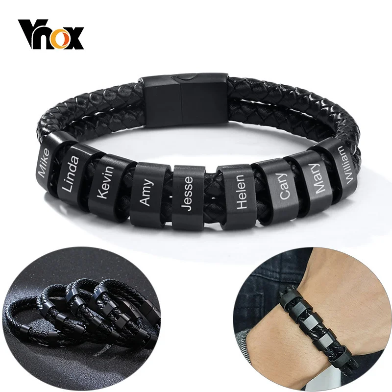 Vnox Personalized Men's Black Plaited Leather Bracelets Free Custom Charm Beads Family Names Inspirational Father's Day Gift Dad