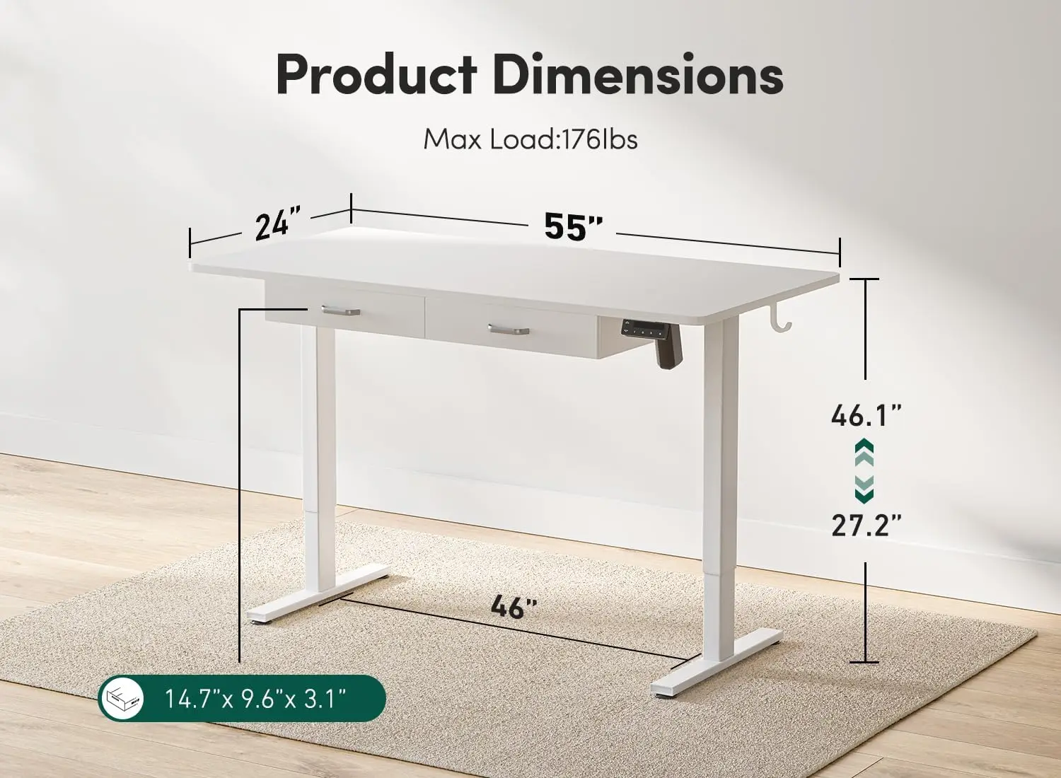 Mesa de pé de 55 x 24 polegadas, mesa de pé elétrica de altura ajustável, moldura branca/parte superior branca