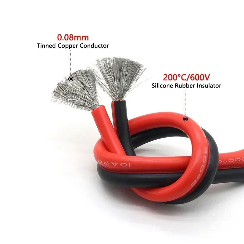 2Pins Red Black Super Soft Silicone Wire 30~8AWG Flexible High Temperature Copper Cables 1M ~ 5M