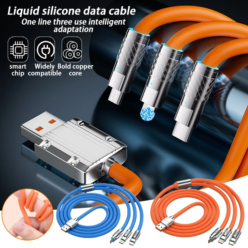Multifunctional 3-in-1 1.2m 120W fast charging cable,multi-scenario use,suitable for iPhone,Android,Huawei phone,tablet,laptop