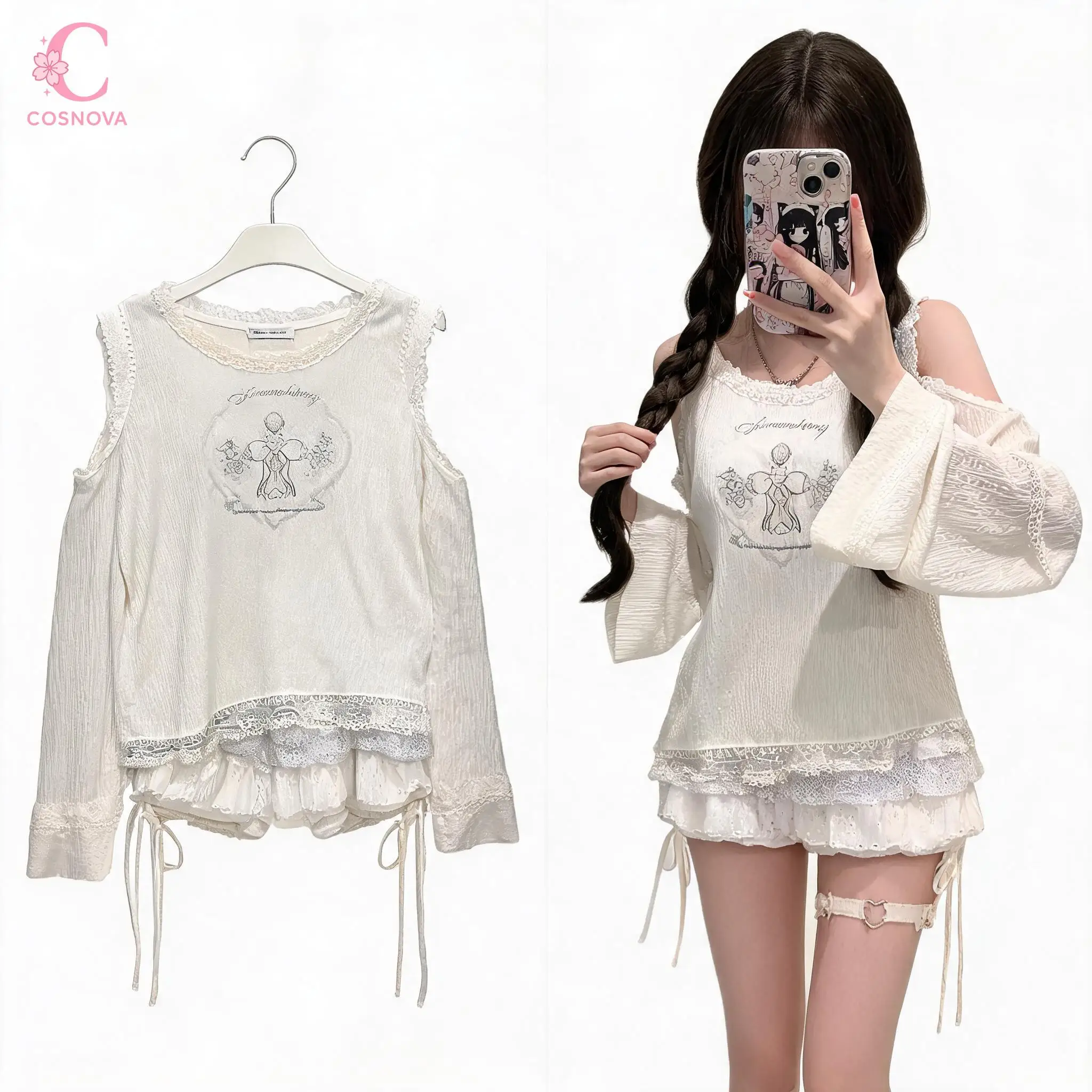 

Sweet Hot White Hooded Off Shoulder Lace 2 Pieces Set Women Lace Trim Cake Skirt Suits Female Y2k Korean Daily Popular Clothes