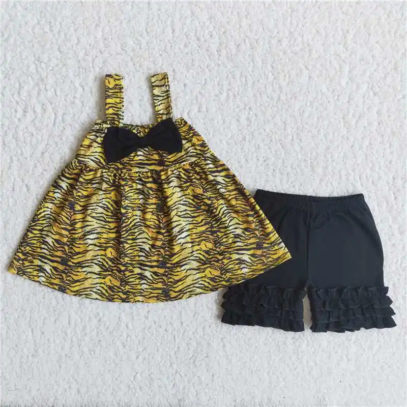 Wholesale Girls Summer Suspender Shorts Suit Multi-Element Bow Leopard Print Color Bright Three-Layer Ruffle