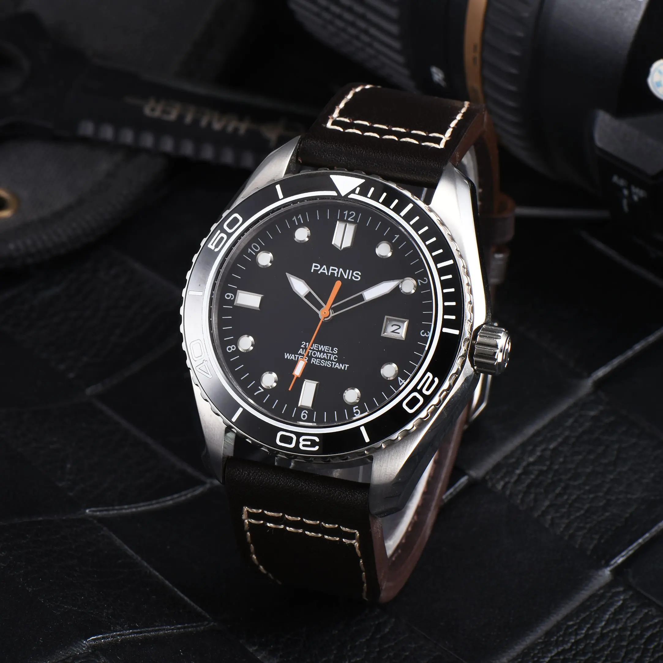 45mm Parnis Waterproof Diver Automatic Watch Mechanical Watches Ceramic Rotating Bezel 5ATM Sapphire Wrist Watch Men Gift PA6032