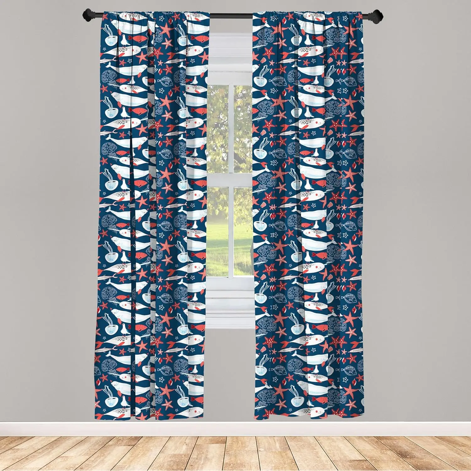 Whale Starfish Jellyfish Curtains Ocean Sea Life Print for Kids Room Bathroom Bedroom Window Decor