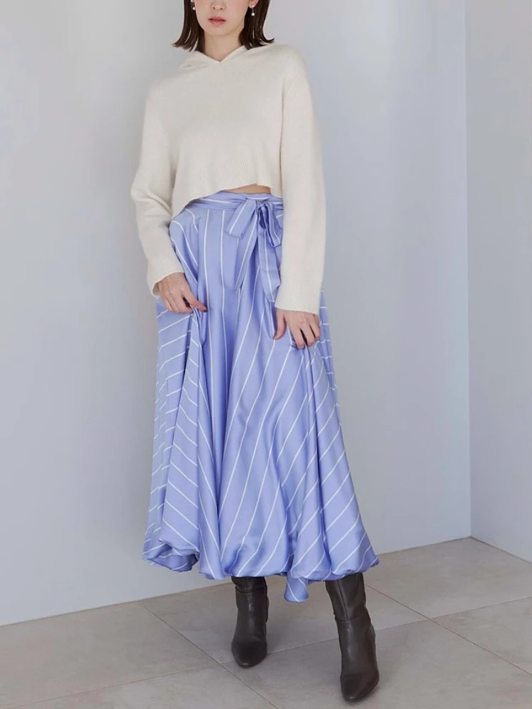 New Simple High Waist Lace-up Long Jude Women Striped Irregular Horn Skirts 2024 Spring New Japan Style Solid Faldas Mujer