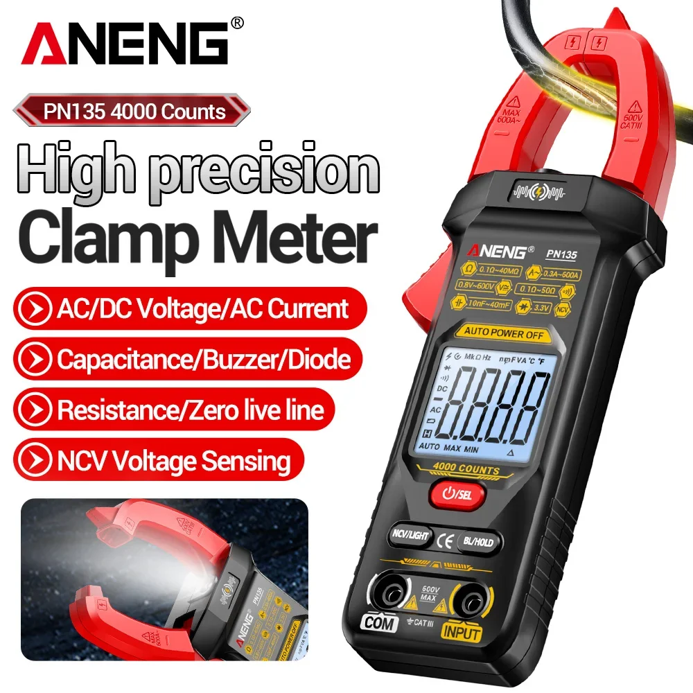 ANENG PN135 Digital Clamp Meter 4000 Counts 600A AC Current AC DC Voltage Resistance Capacitance Tester NCV Detection Multimeter
